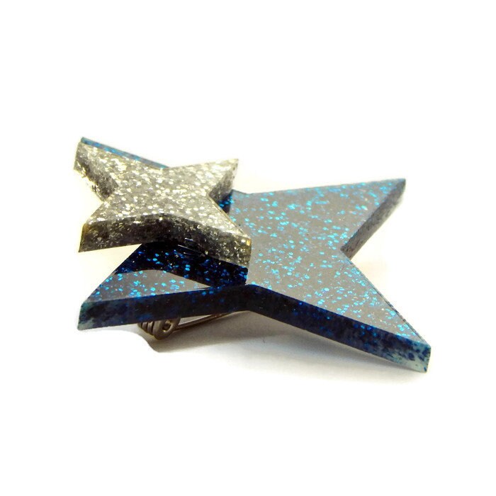 Retro Blue and Silver Glitter Starburst Brooch