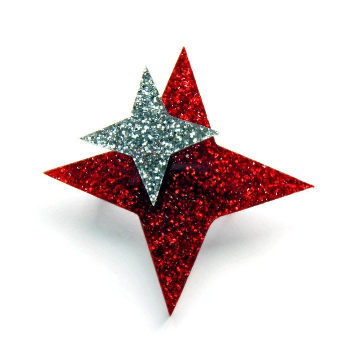 Red and Silver Glitter Starburst Brooch