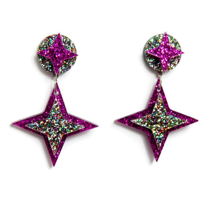 Purple and Rainbow Glitter Starburst Dangle Earrings