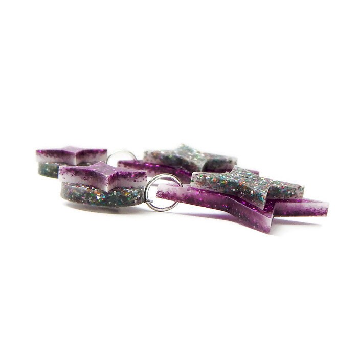 Purple and Rainbow Glitter Starburst Dangle Earrings