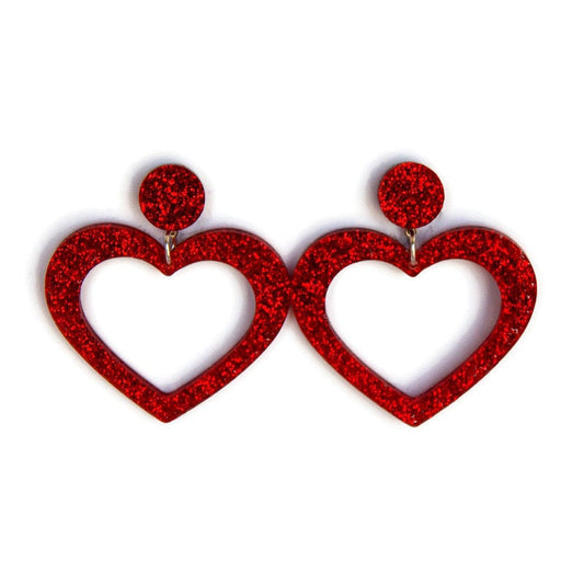 Red Glitter Acrylic Heart Hoop Earrings