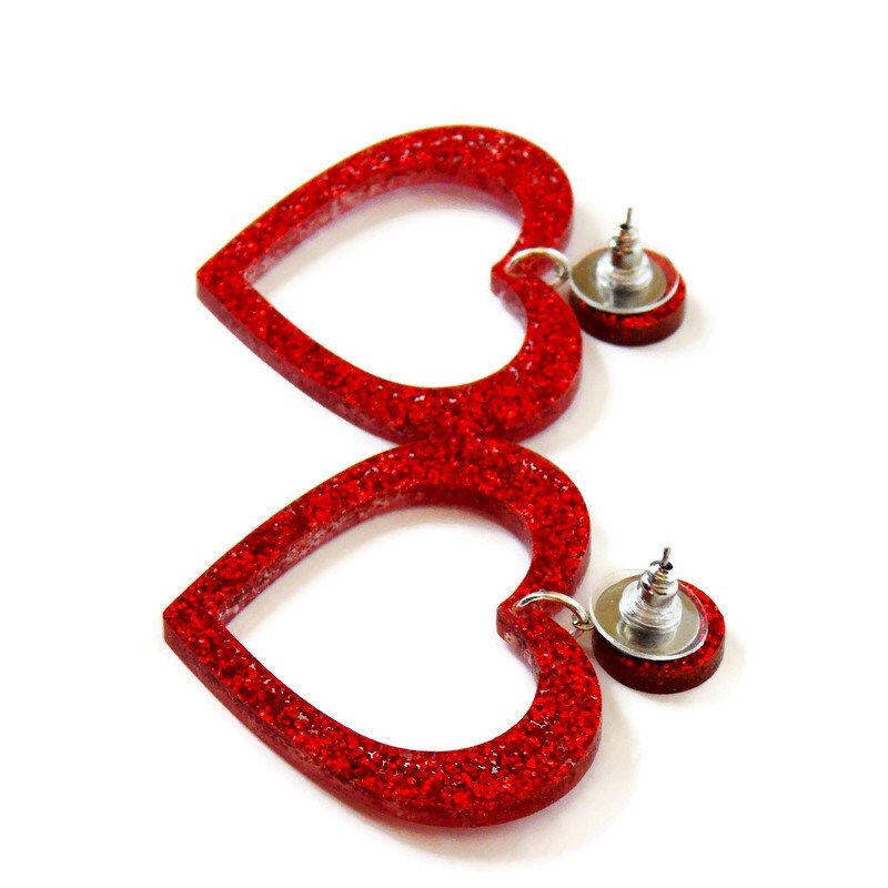 Red Glitter Acrylic Heart Hoop Earrings