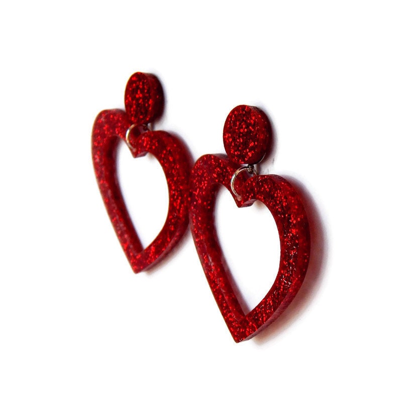 Red Glitter Acrylic Heart Hoop Earrings