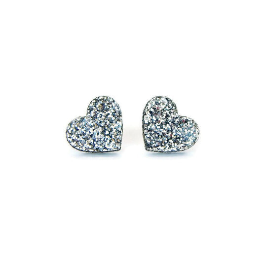 Silver Glitter Heart Stud Earrings