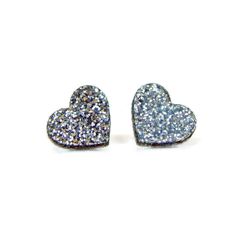 Silver Glitter Heart Stud Earrings