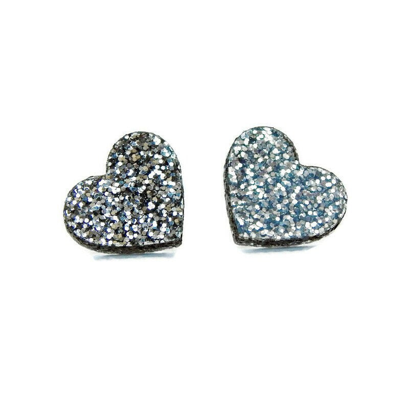 Silver Glitter Heart Stud Earrings