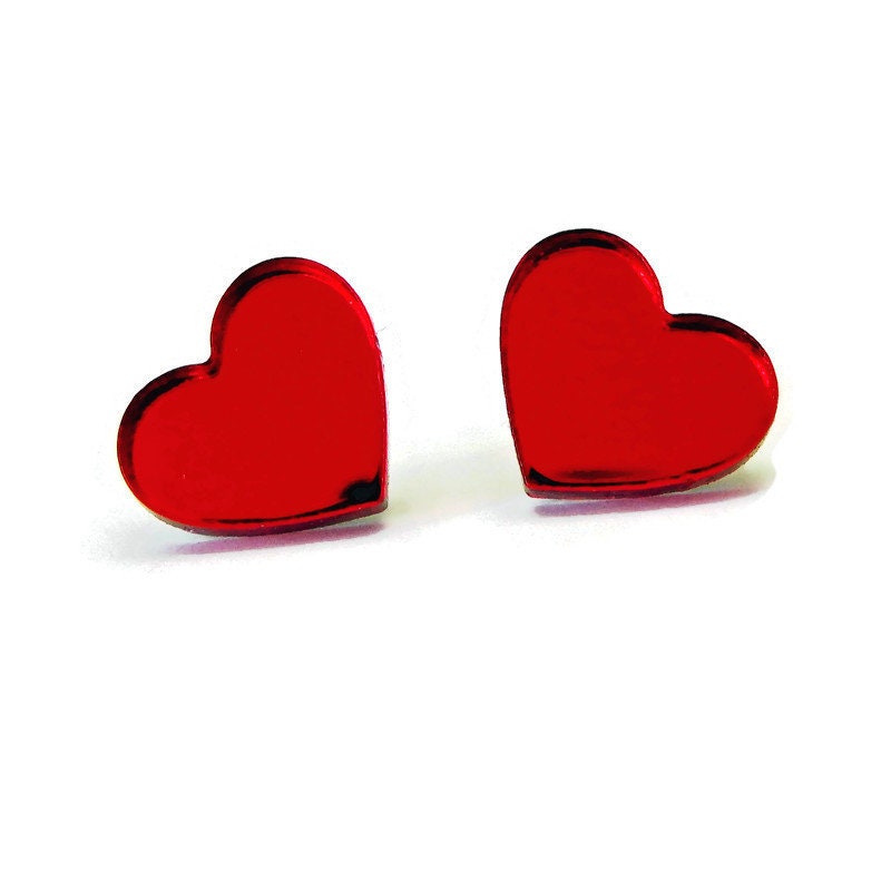 Red Mirror Acrylic Heart Stud Earrings