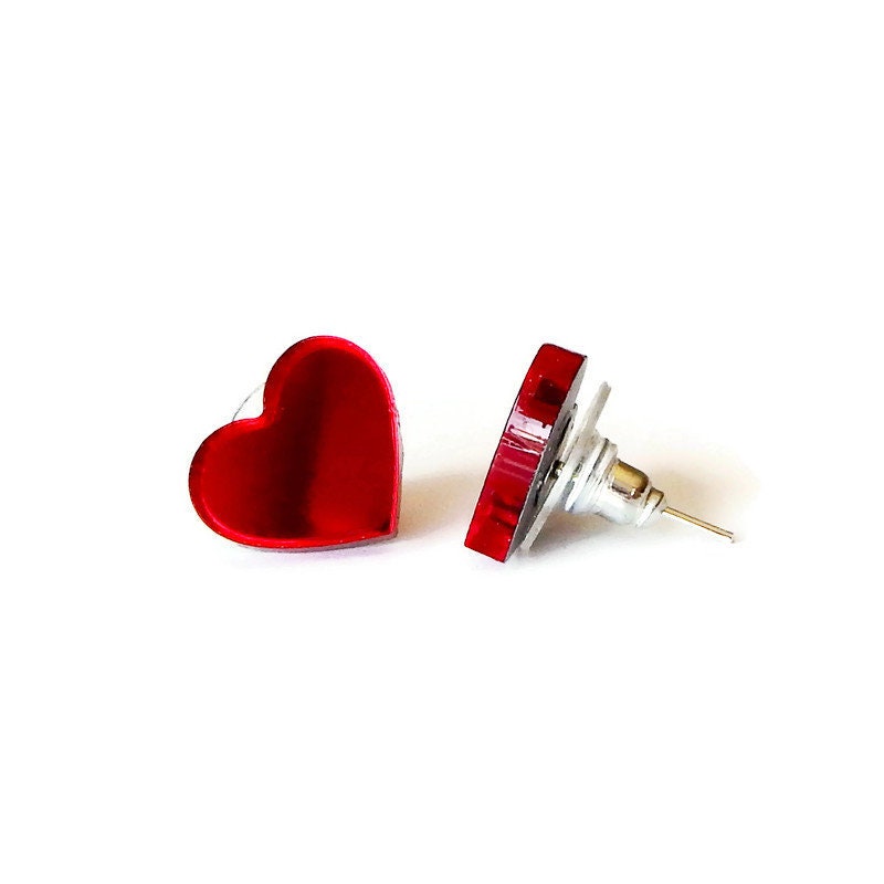 Red Mirror Acrylic Heart Stud Earrings