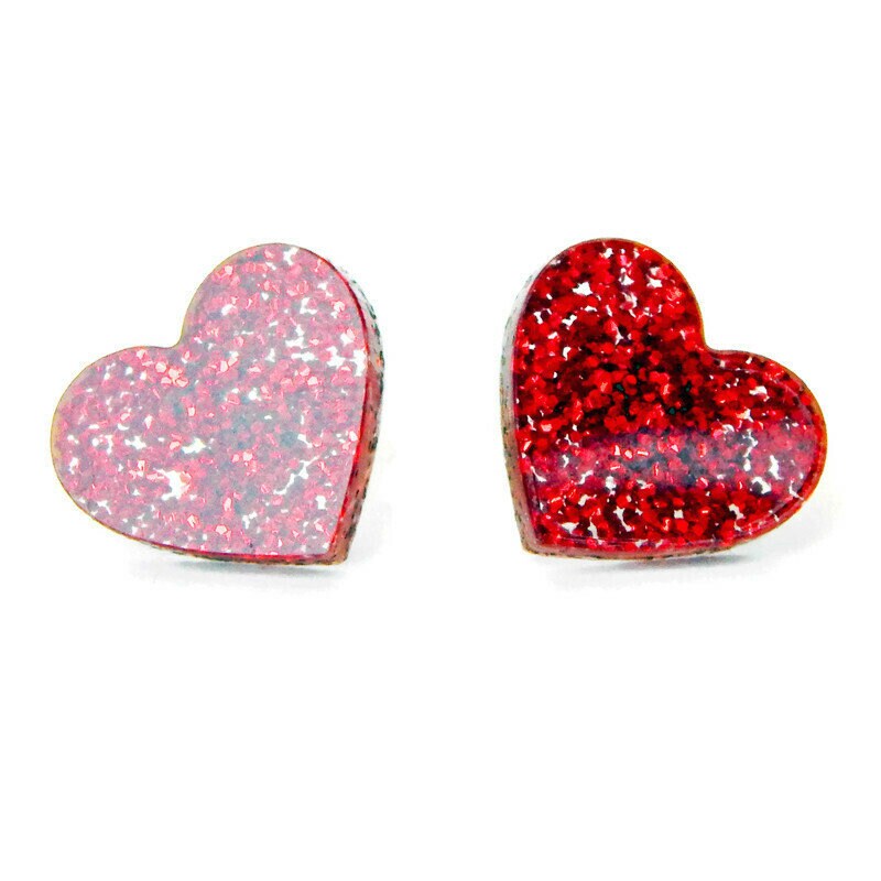 Red Glitter Heart Stud Earrings