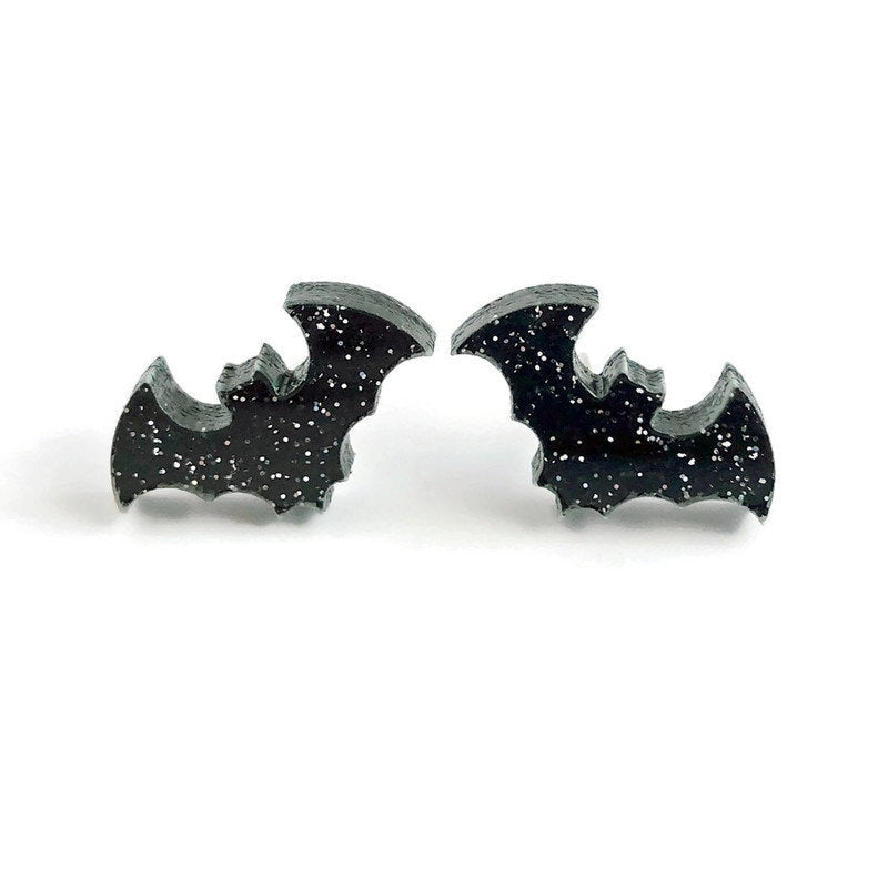 Black Glitter Bat Stud Earrings