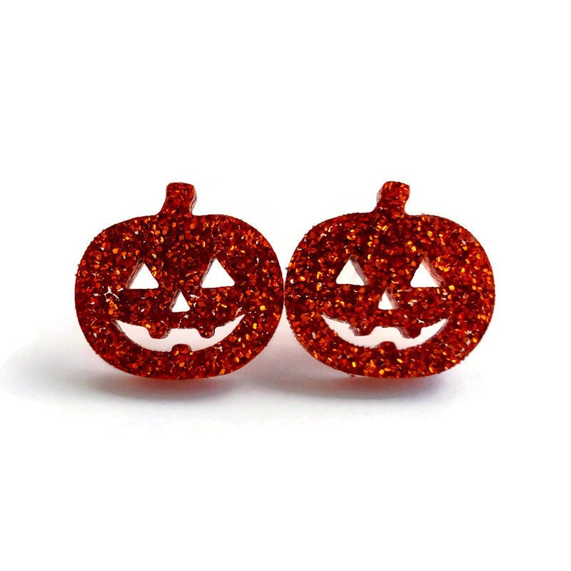 Orange Glitter Jack O Lantern Stud Earrings