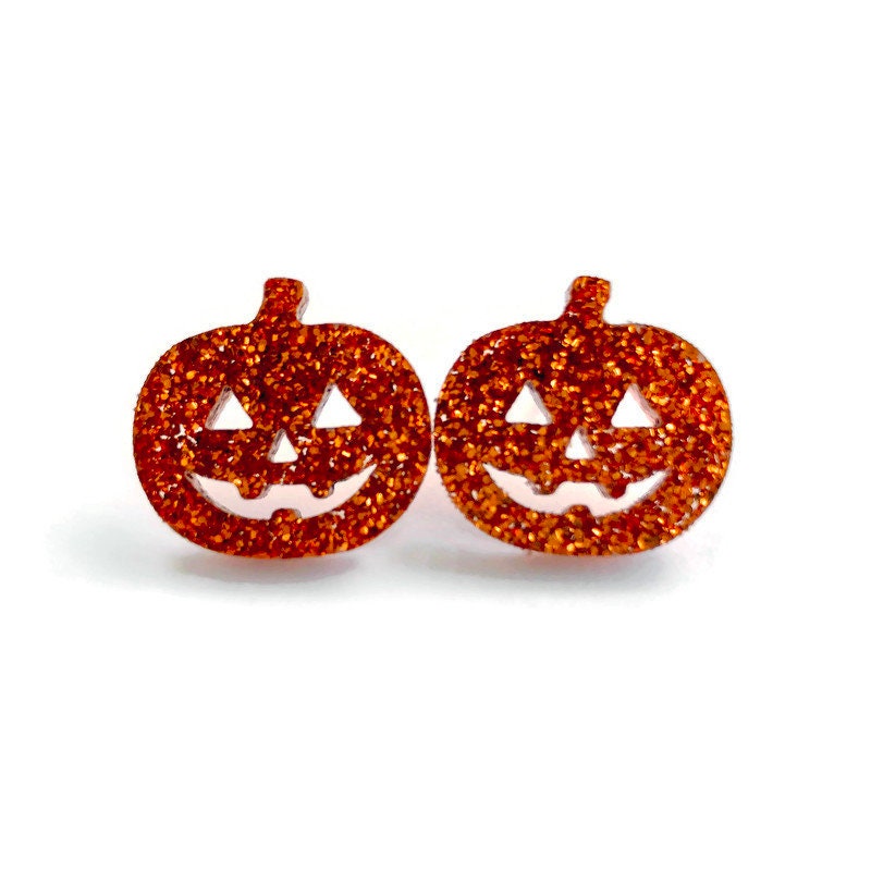 Orange Glitter Jack O Lantern Stud Earrings