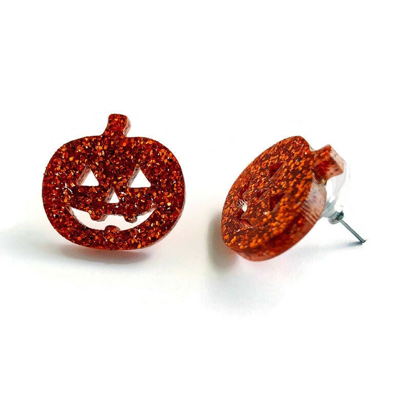 Orange Glitter Jack O Lantern Stud Earrings