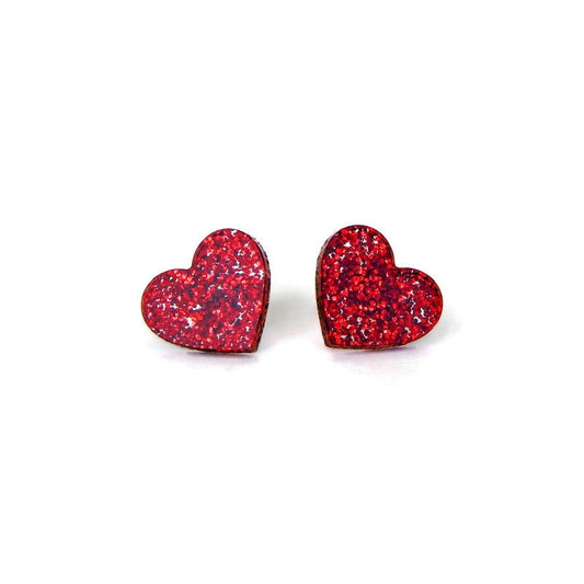 Red Glitter Heart Stud Earrings