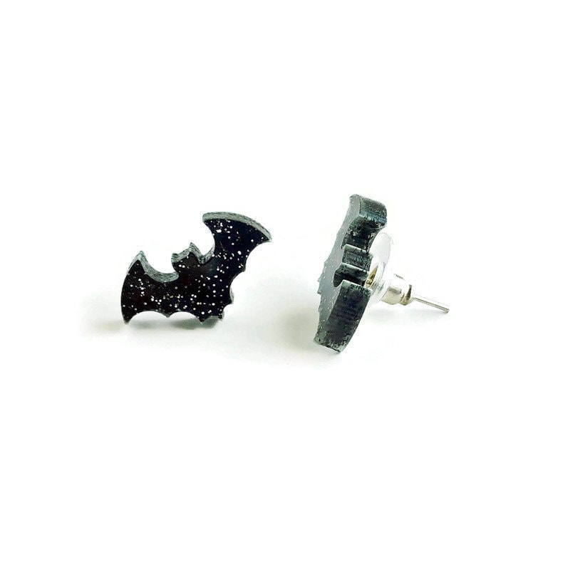 Black Glitter Bat Stud Earrings