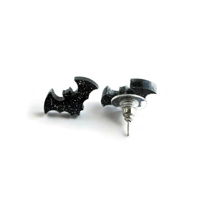 Black Glitter Bat Stud Earrings