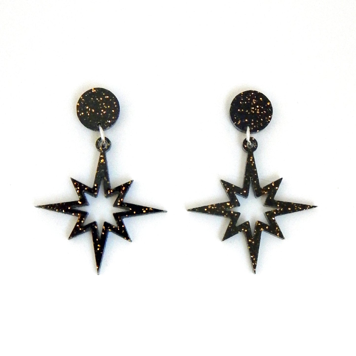 Black and Gold Glitter Starburst Dangle Earrings