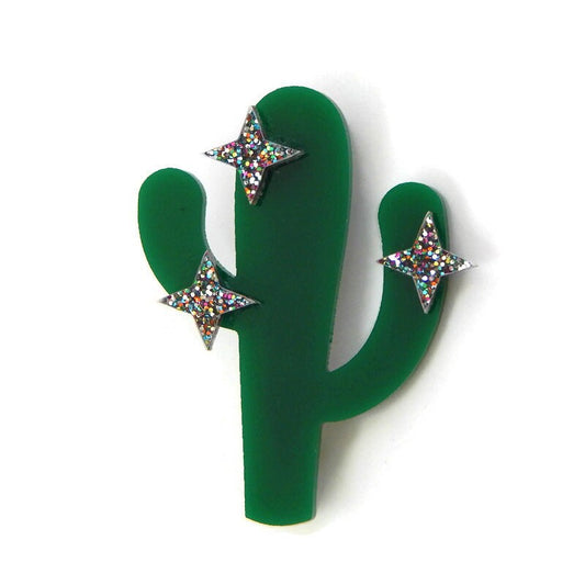 Green Cactus and Rainbow Glitter Sparkle Brooch