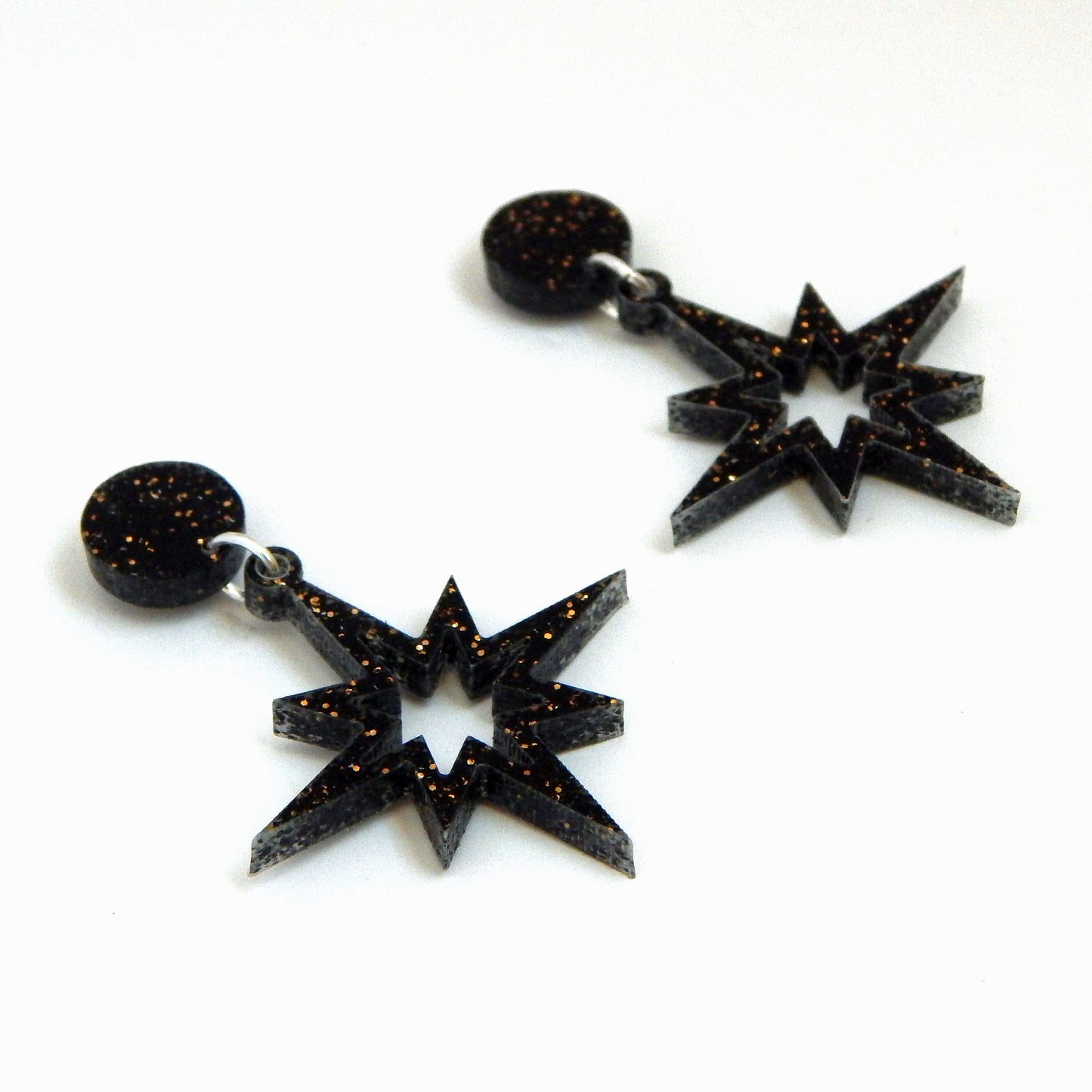 Black and Gold Glitter Starburst Dangle Earrings