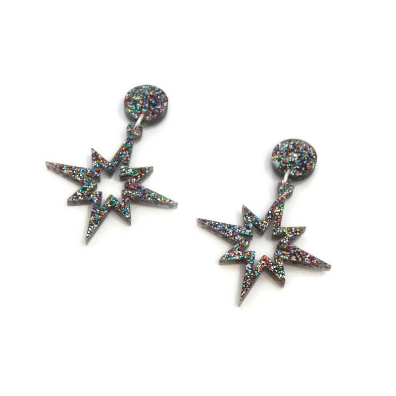 Rainbow Glitter Starburst Cut Out Dangle Earrings