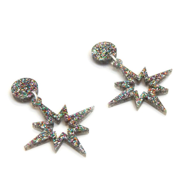 Rainbow Glitter Starburst Cut Out Dangle Earrings