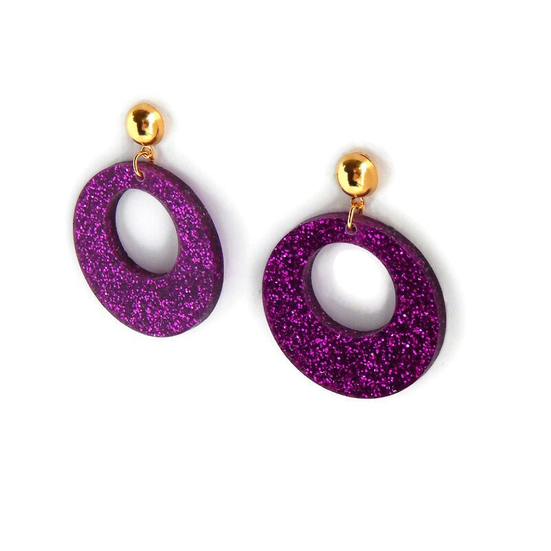 Fuchsia Purple Glitter Acrylic Circle Hoop Earrings