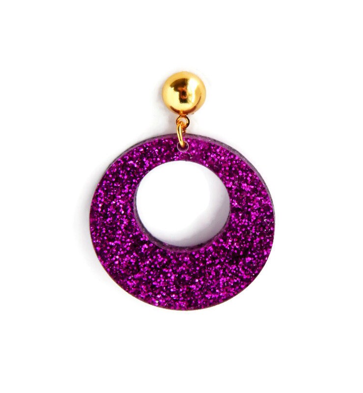 Fuchsia Purple Glitter Acrylic Circle Hoop Earrings