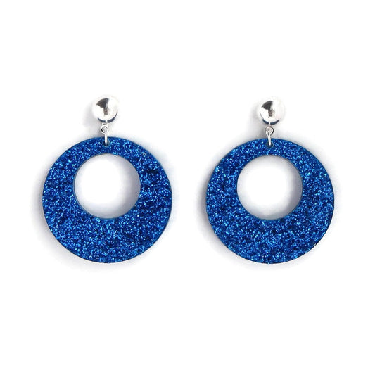 Blue Glitter Retro Hoop Earrings