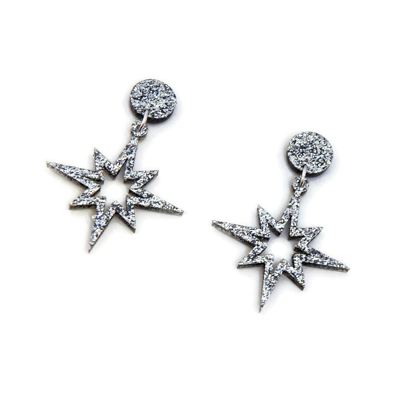 Silver Glitter Starburst Cut out Dangle Earrings