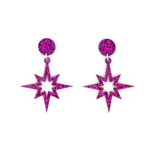 Fuchsia Purple Glitter Starburst Cut Out Dangle Earrings