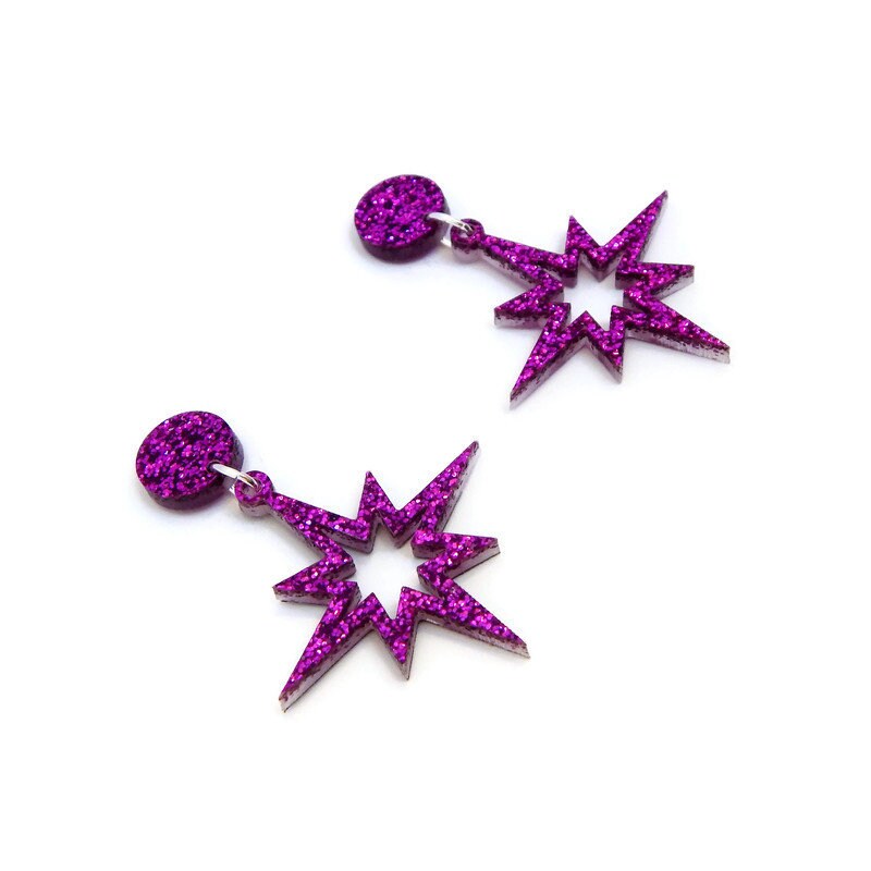 Fuchsia Purple Glitter Starburst Cut Out Dangle Earrings