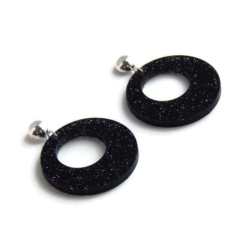 Black & Silver Glitter Retro Hoop Earrings