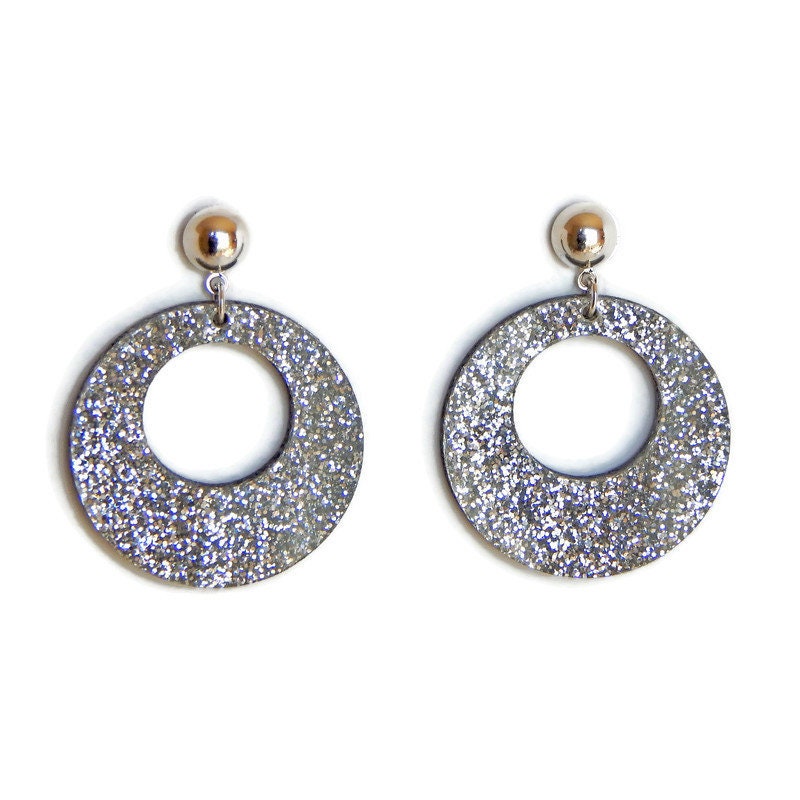 Silver Glitter Mod Circle Hoop Dangle Earrings