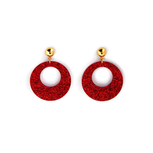 Red Glitter Vintage Style Drop Hoop Earrings