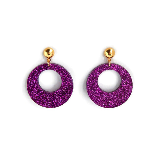 Fuchsia Purple Glitter Acrylic Circle Hoop Earrings