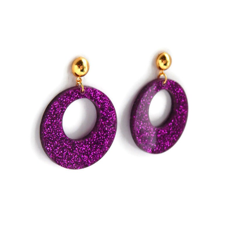 Fuchsia Purple Glitter Acrylic Circle Hoop Earrings