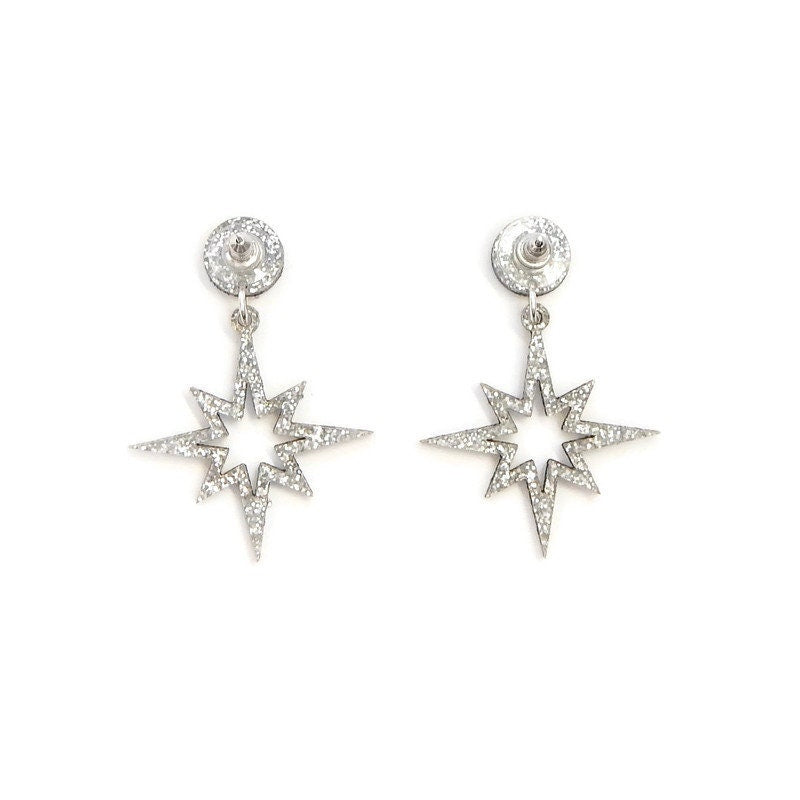 Silver Glitter Starburst Cut out Dangle Earrings