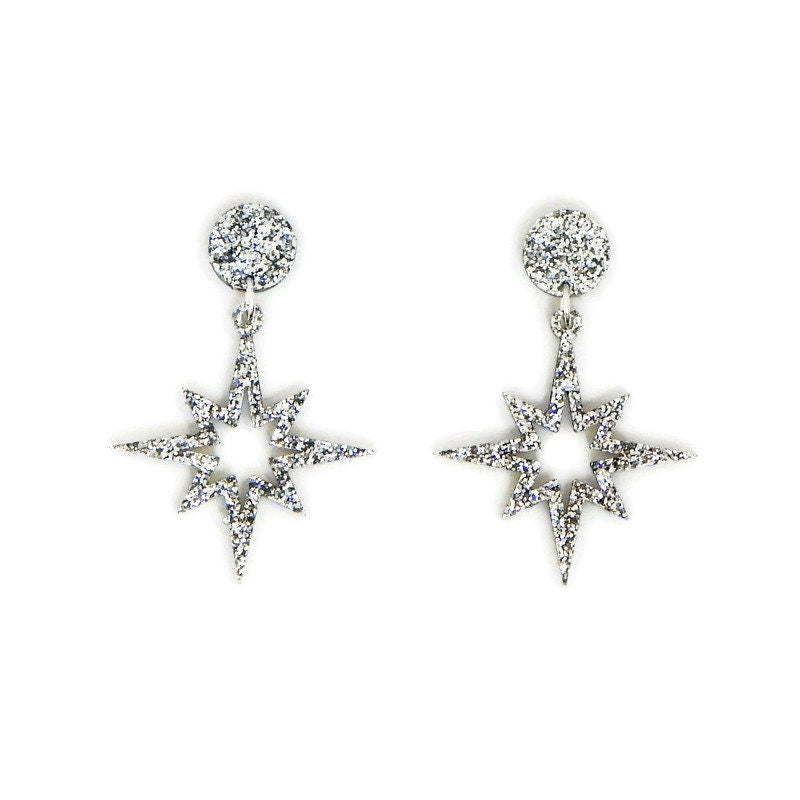 Silver Glitter Starburst Cut out Dangle Earrings