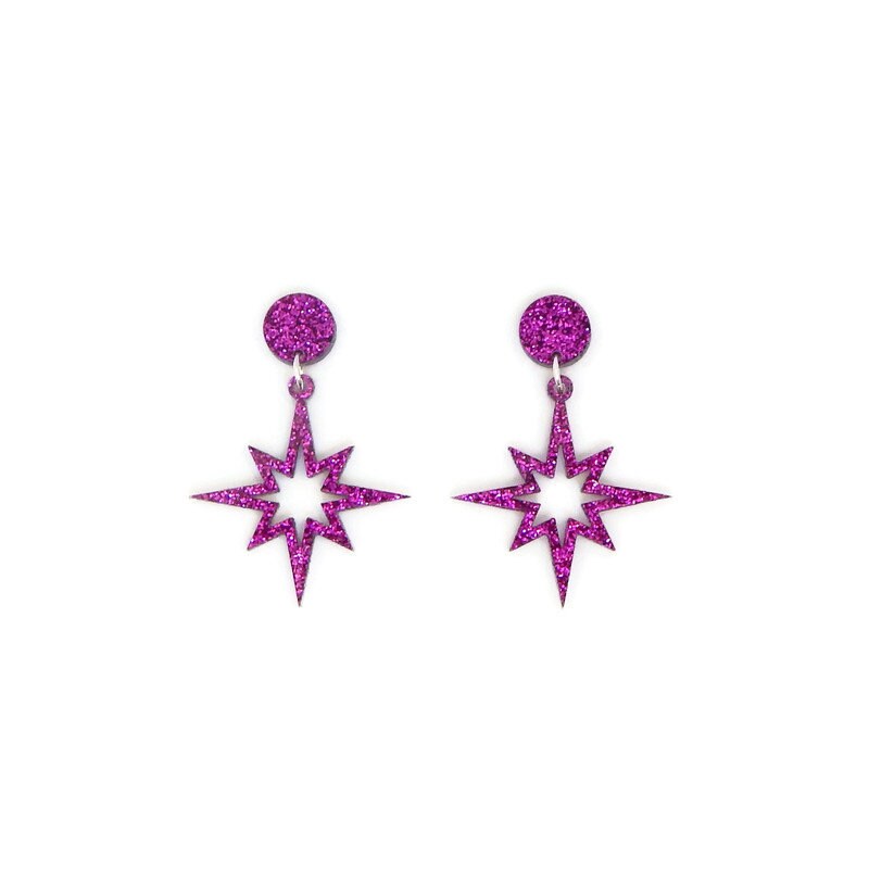 Fuchsia Purple Glitter Starburst Cut Out Dangle Earrings