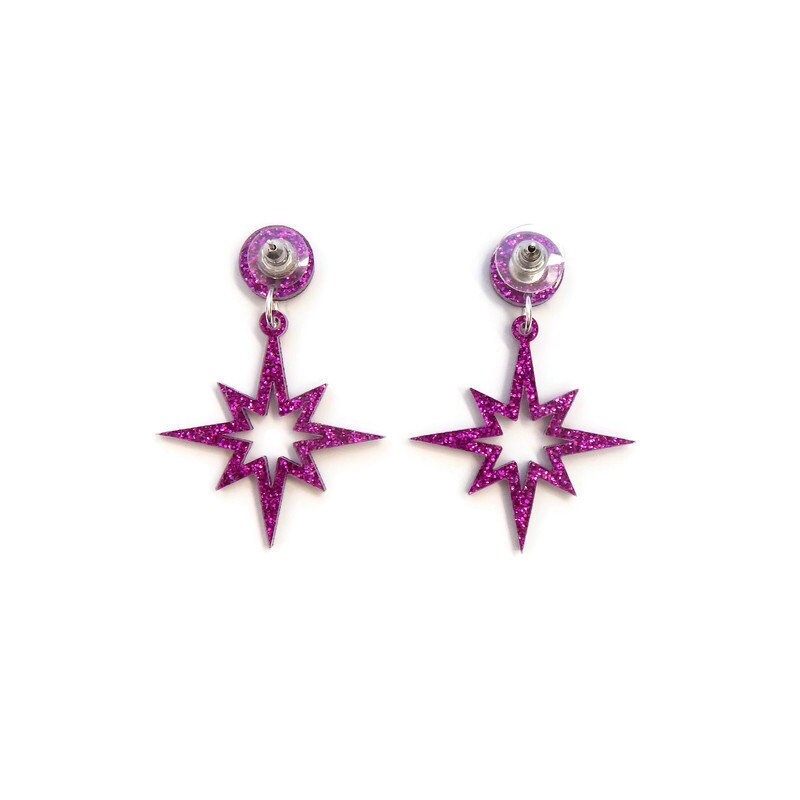 Fuchsia Purple Glitter Starburst Cut Out Dangle Earrings