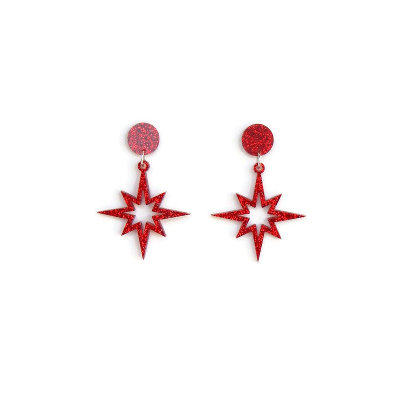 Red Glitter Starburst Cut Out Dangle Earrings