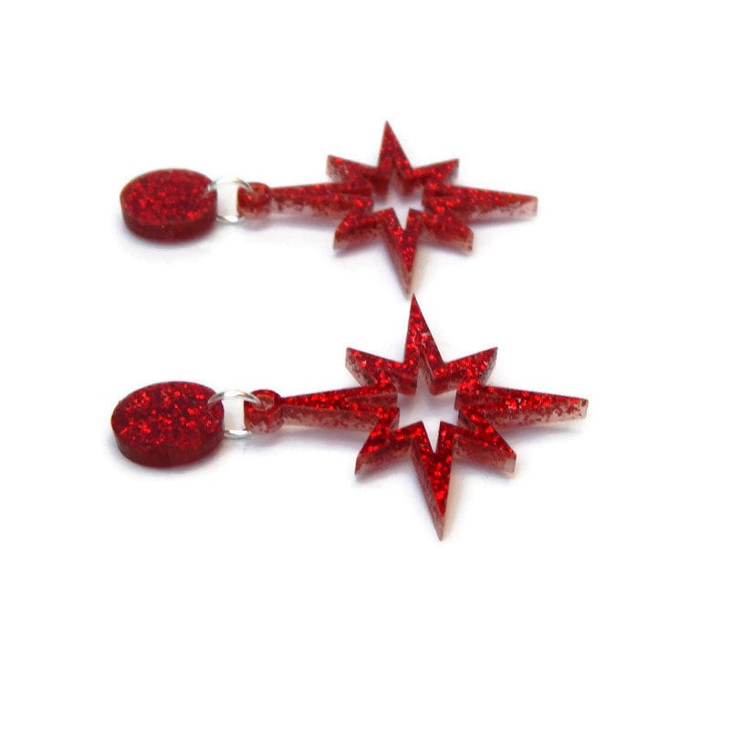 Red Glitter Starburst Cut Out Dangle Earrings