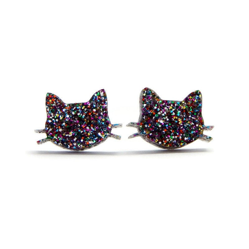 Rainbow Glitter Cat Stud Earrings