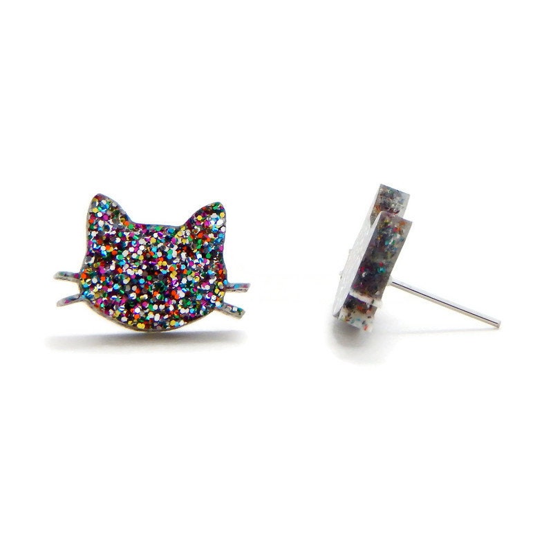 Rainbow Glitter Cat Stud Earrings