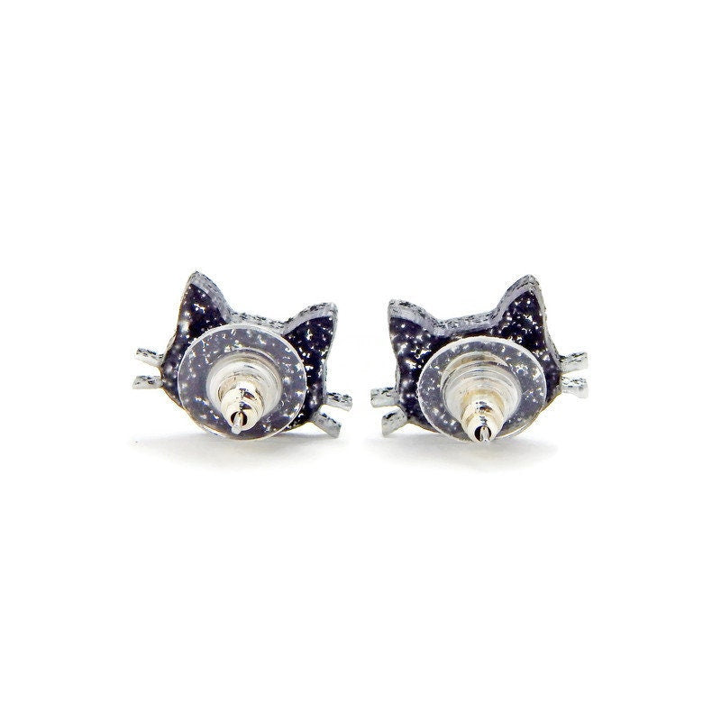 Black Glitter Cat Stud Earrings