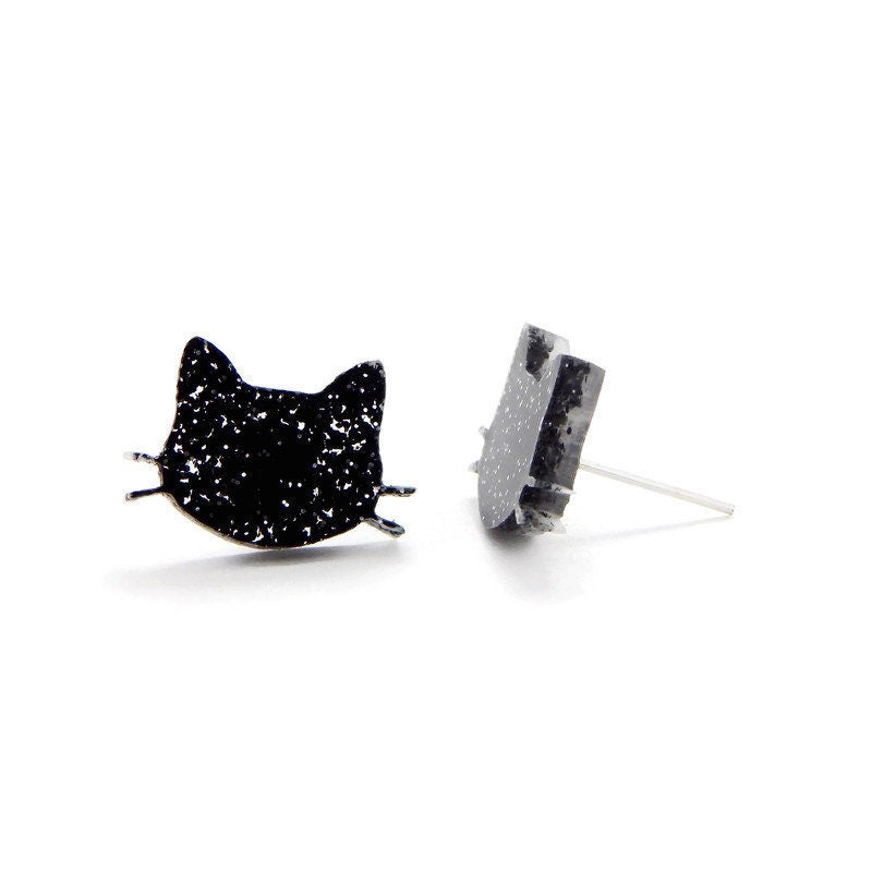 Black Glitter Cat Stud Earrings