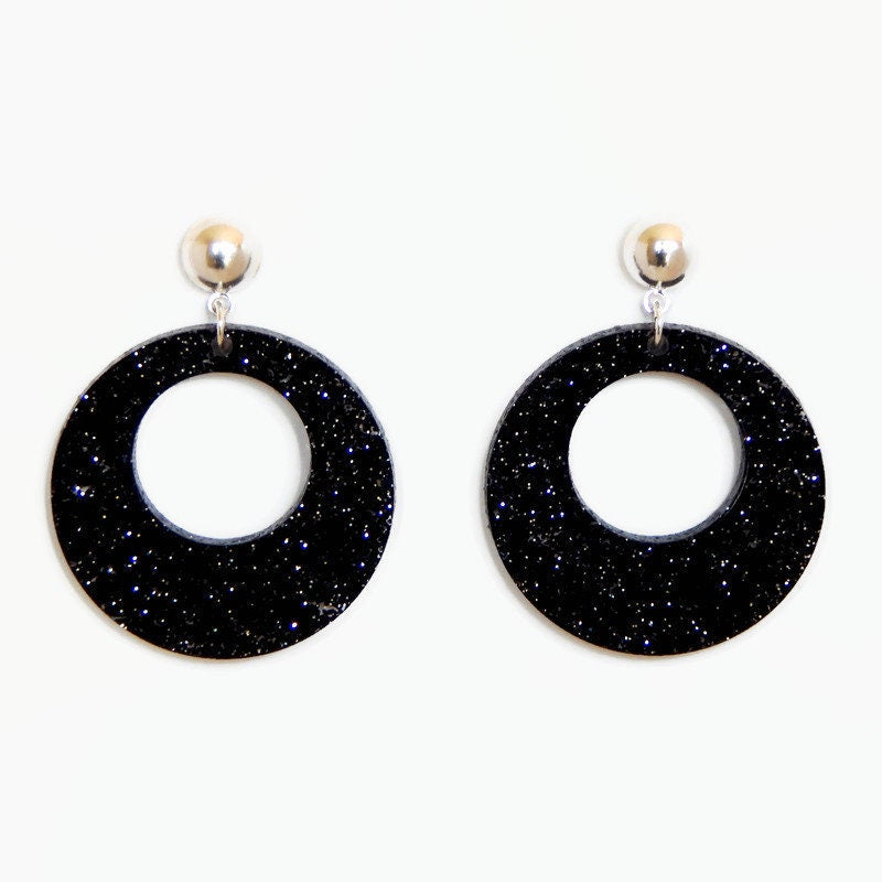 Black & Silver Glitter Retro Hoop Earrings