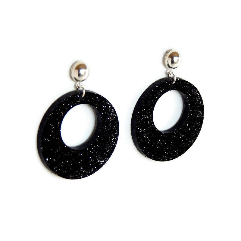 Black & Silver Glitter Retro Hoop Earrings