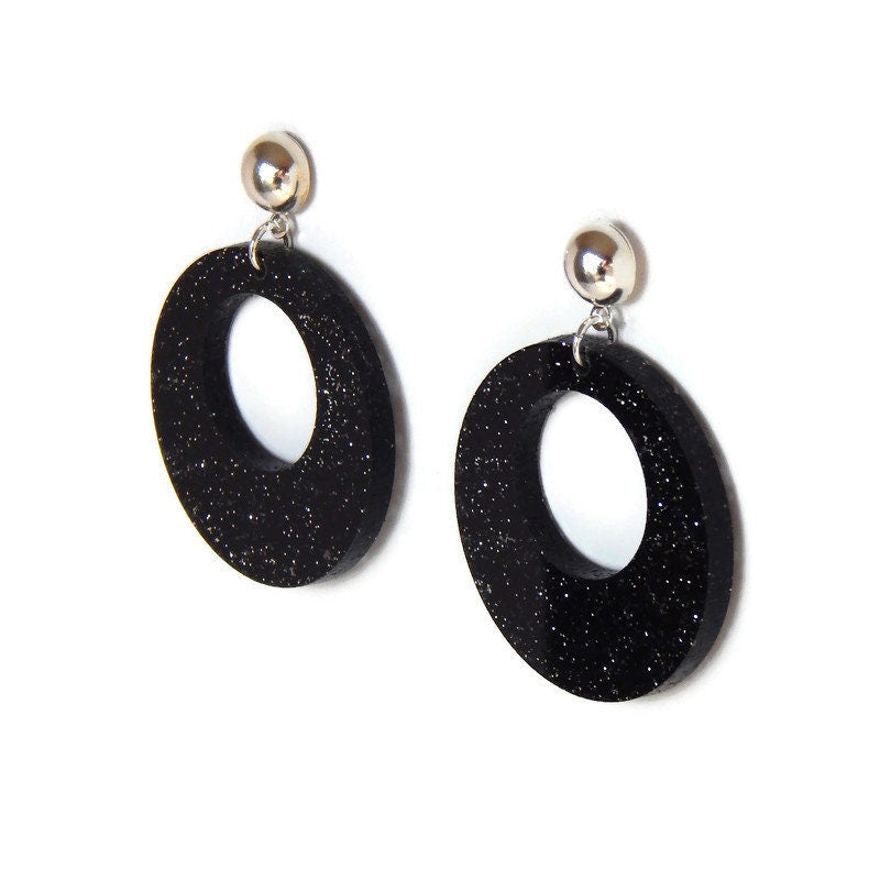 Black & Silver Glitter Retro Hoop Earrings