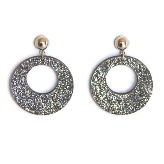 Silver Glitter Mod Circle Hoop Dangle Earrings